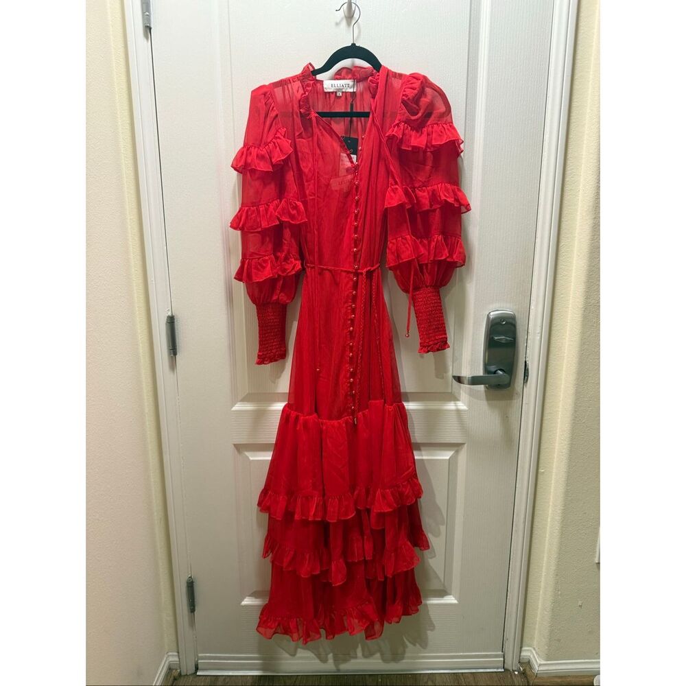 ELLIATT Lilja Long Sleeve Maxi Dress in Red Wedding Guest Cocktail Size S NWT - Picture 6 of 8